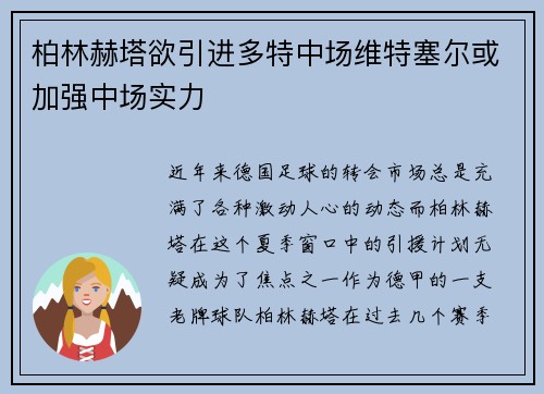 柏林赫塔欲引进多特中场维特塞尔或加强中场实力